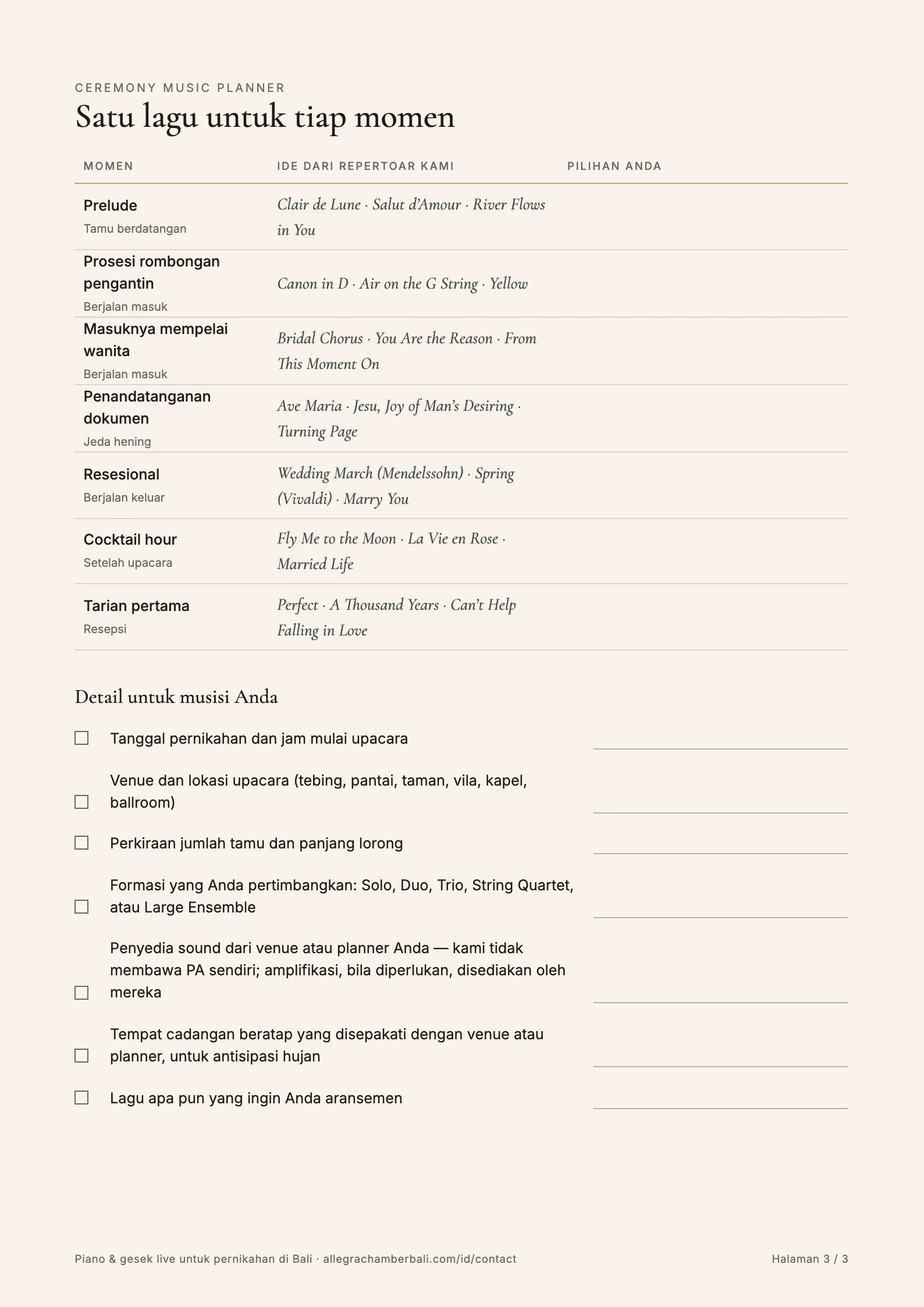 Halaman tiga Ceremony Music Planner: tabel momen upacara dengan ide lagu
