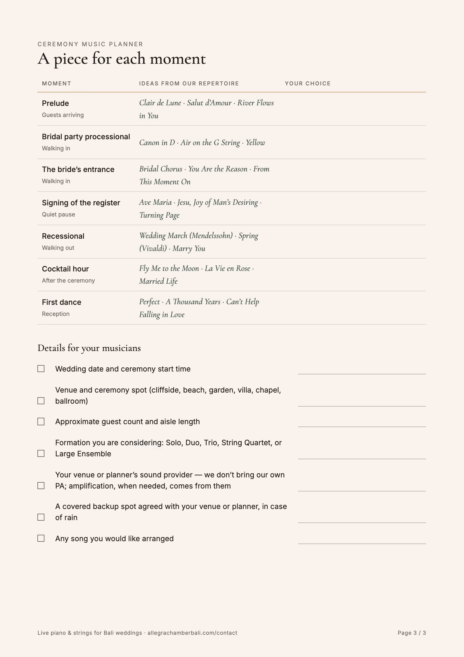 Page three of the Ceremony Music Planner: a table of ceremony moments with song ideas